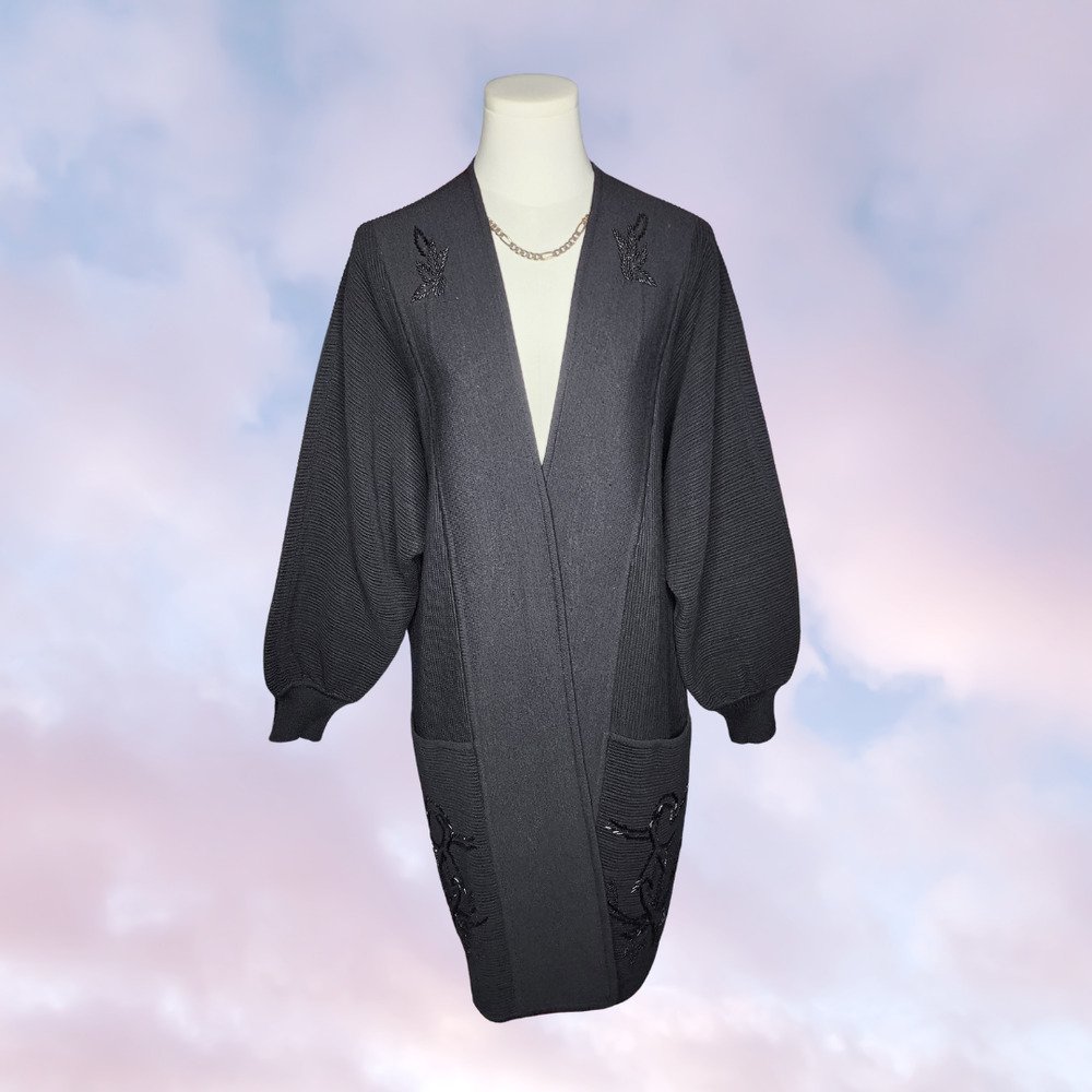 Vtg 80s 90s Handmade Long Black Balloon Sleeve Knit Beaded Gothic Cardigan